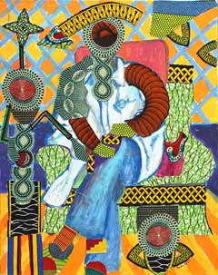 computerized : acrylic painting and fabric collage